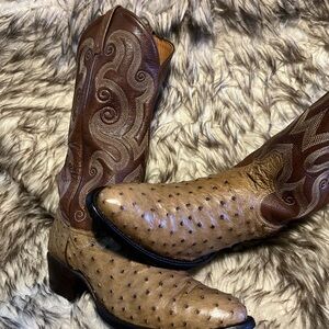 Tony Lama Tan and Brown Ostrich & Leather Western Cowboy Boots Sz 8.5 D